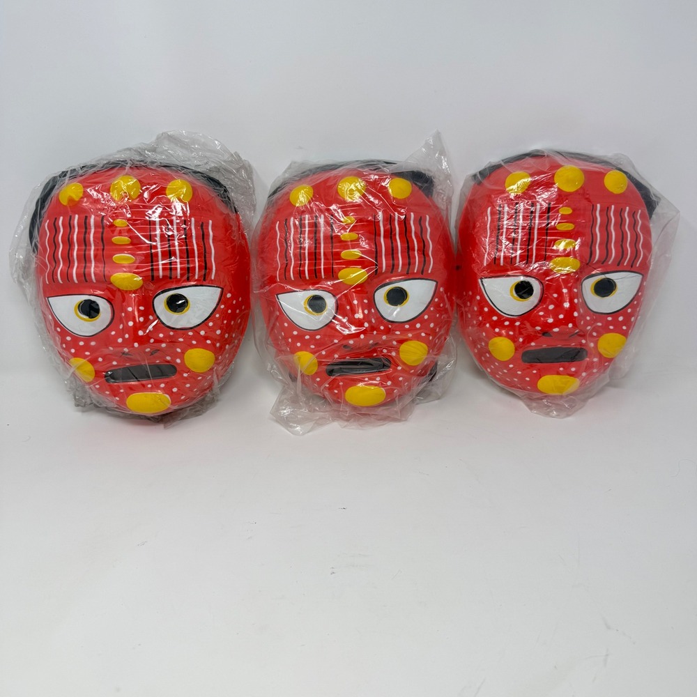 3Vintage 1990s Korean Talchum Mask Red Plastic Traditional Folk Art Costume Mask